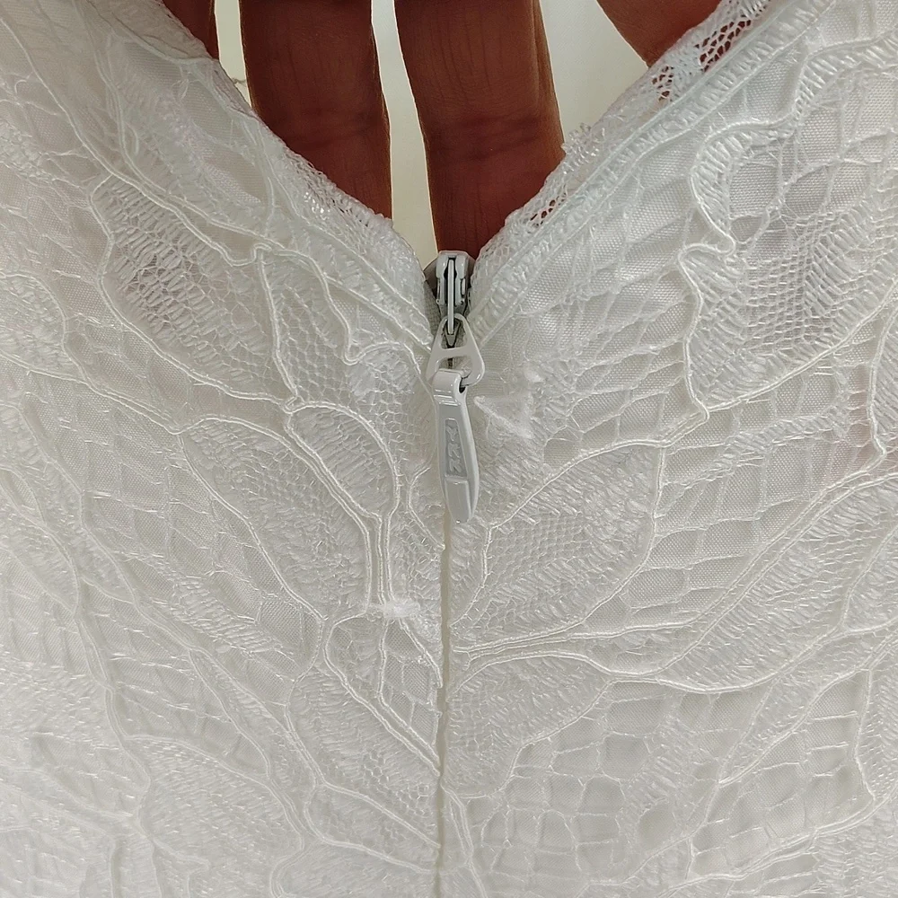 JJs House White V-neck Lace Midi Length Lace Overlay Sleeveless Wedding Dress - Picture 7 of 9